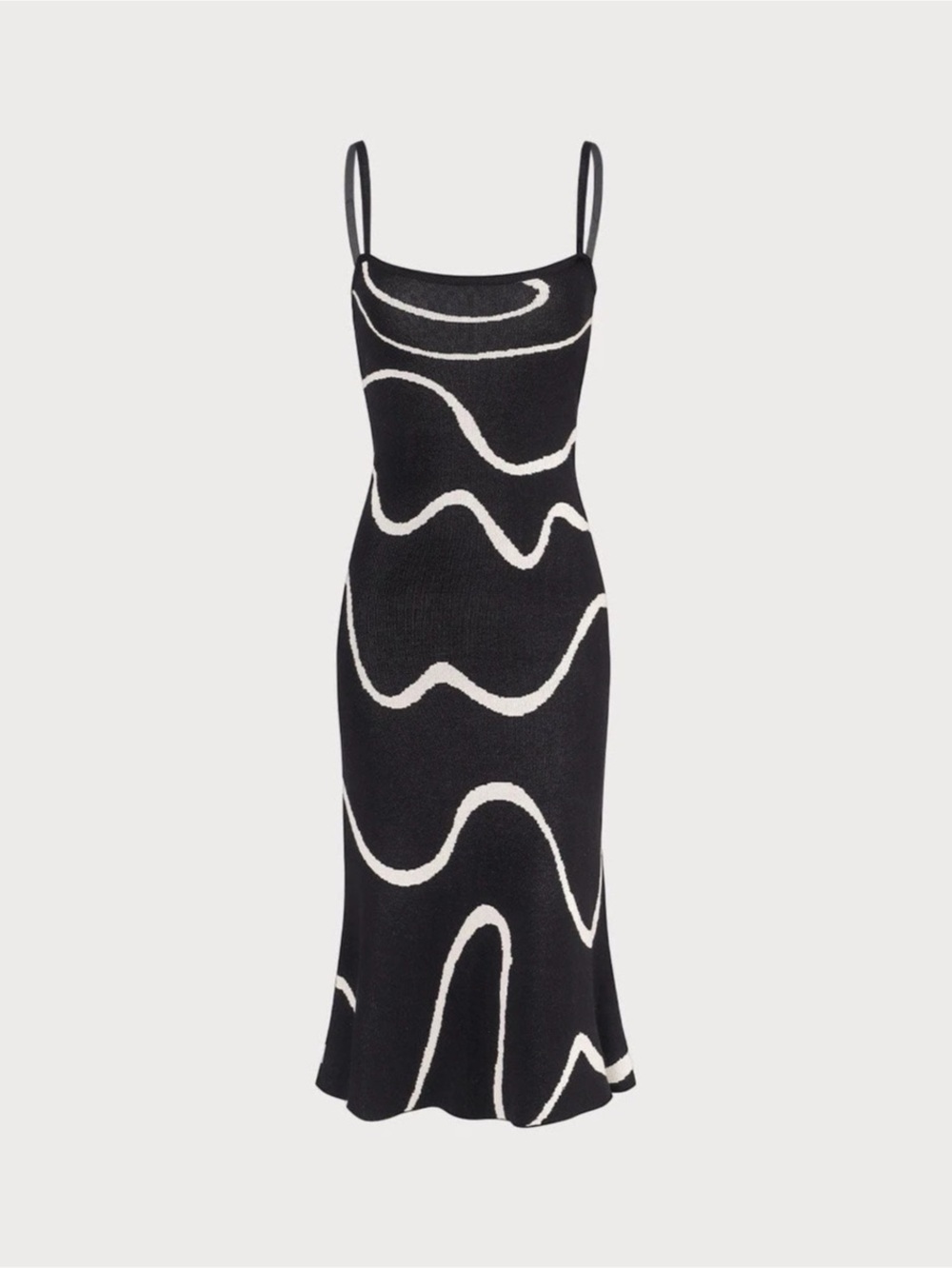 RIHOAS Black Wave Mermaid Hem Dress Abstract Midi Dress in Black & Cream Size M